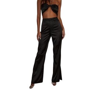 12th Tribe Black Satin Wide Leg Flare Pants High Waist Palazzo Trousers Size M
